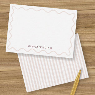 Dusty Rose Wavy Border Striped Personalized Name Note Card