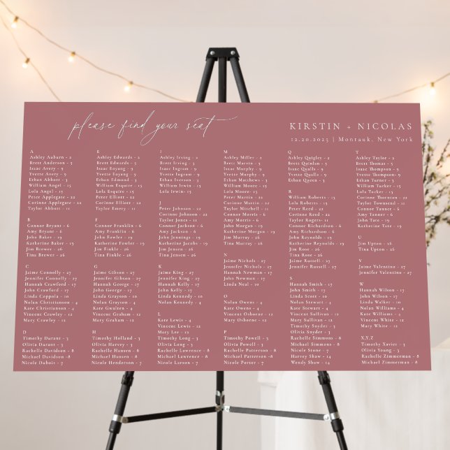 Dusty Rose Wedding Alphabetical Seating Chart Foam Board (In Situ (Stand))
