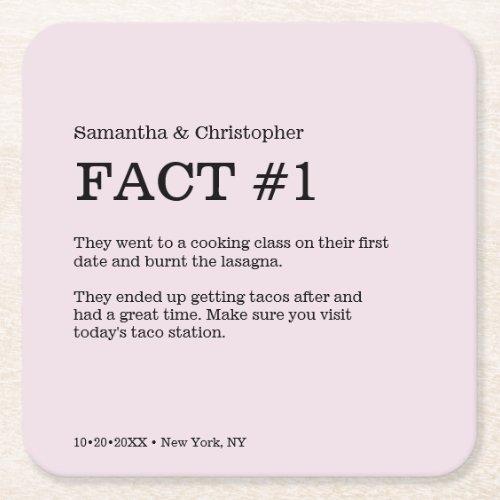 Dusty Rose Wedding Custom Fun Fact Square Paper Coaster