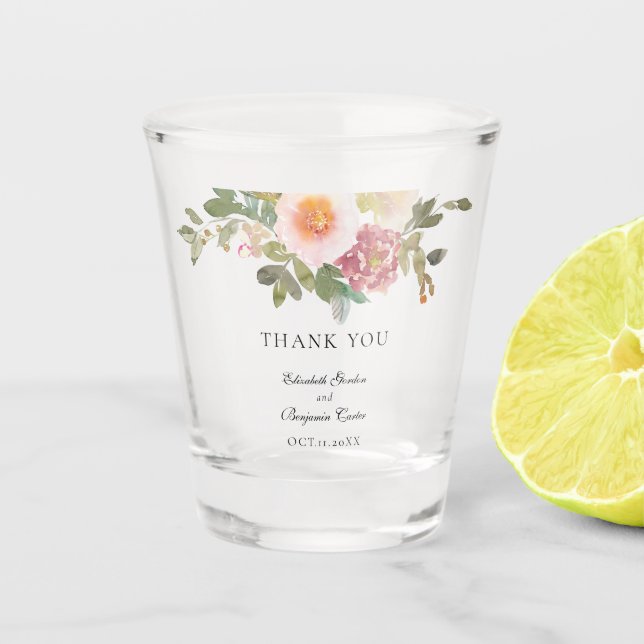 Dusty Rose Wedding Elegant Floral Script Thank you Shot Glass (Front)