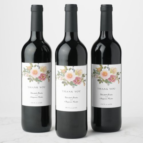 Dusty Rose Wedding Elegant Floral Script Thank you Wine Label