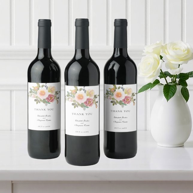 Dusty Rose Wedding Elegant Floral Script Thank you Wine Label (Creator Uploaded)