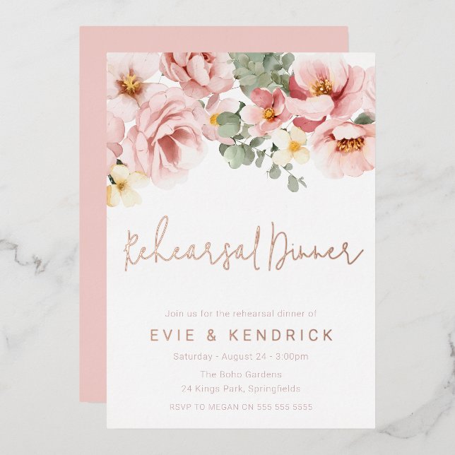 Dusty Rose Wedding Rehearsal Dinner Rose Gold Foil Invitation (Front/Back)