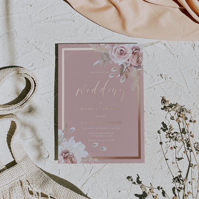 Dusty Rose Wedding Rose Gold Border Foil Invitation (Creator Uploaded)