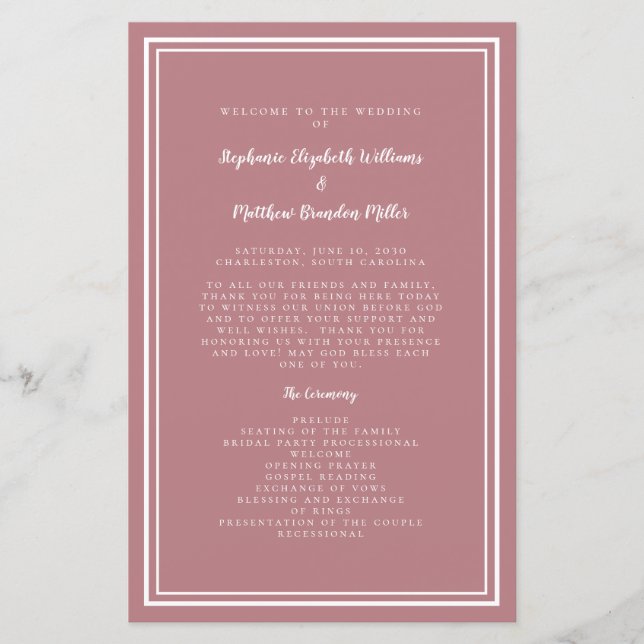 Dusty Rose Wedding Script Ceremony Budget Program (Front)