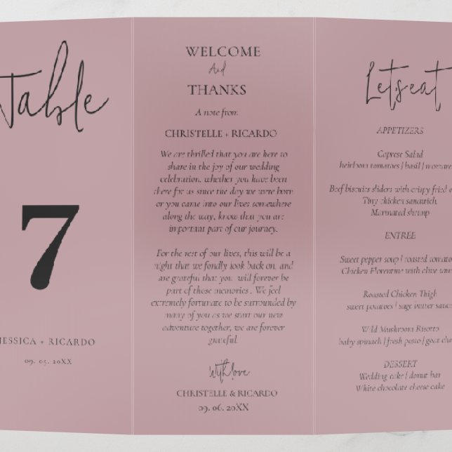 Dusty Rose wedding Thank you table Number Brochure (Outside Middle)