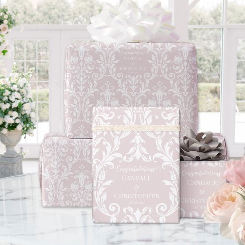 Dusty Rose White Damask Add Name  Congratulations Wrapping Paper