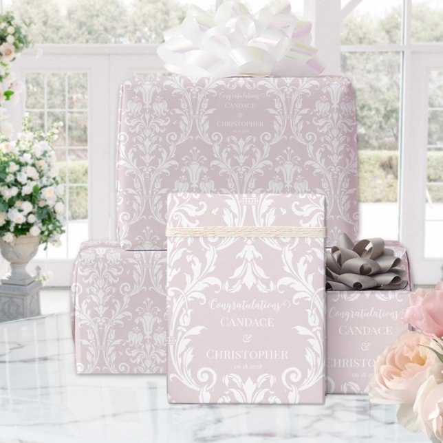 Dusty Rose White Damask Add Name & Congratulations Wrapping Paper (Creator Uploaded)