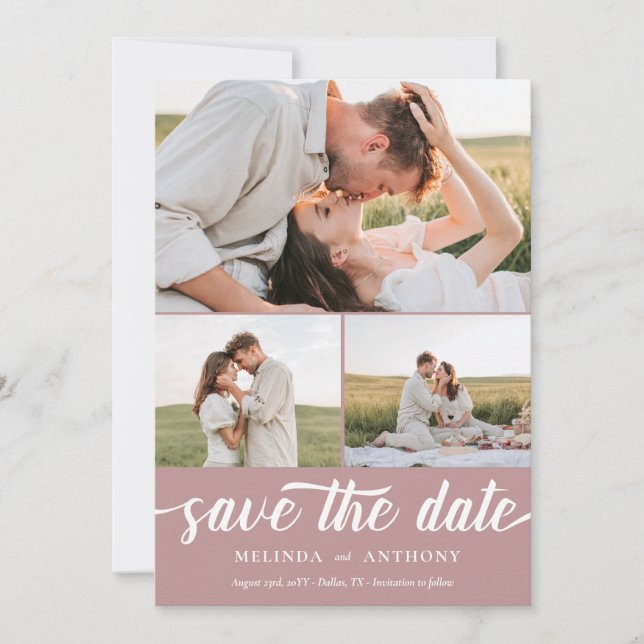 Dusty Rose White Elegant Bold Script Photo Collage Save The Date (Front)