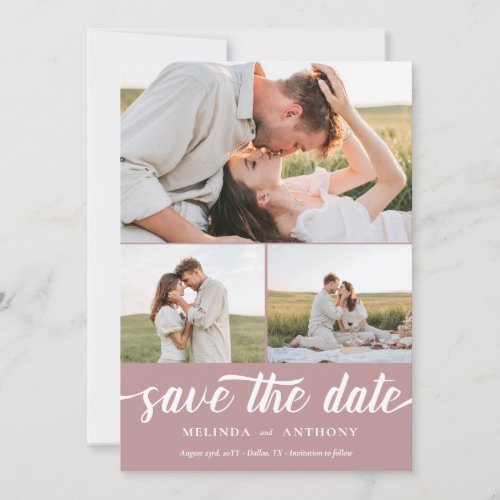 Dusty Rose White Elegant Bold Script Photo Collage Save The Date