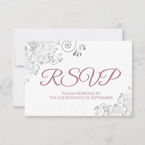 Dusty Rose  White Elegant Silver Lace Wedding RSVP Card