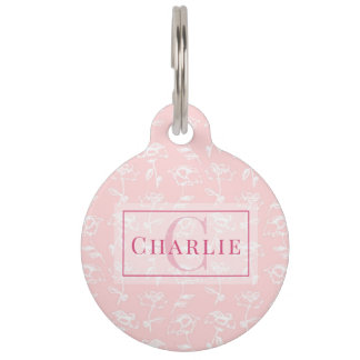 Dusty Rose White Floral, Custom Monogram Dog Pet ID Tag