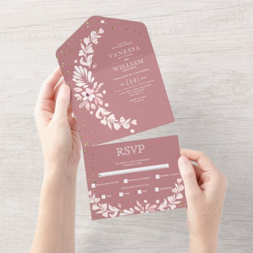 Dusty rose white floral garland hearts wedding all in one invitation