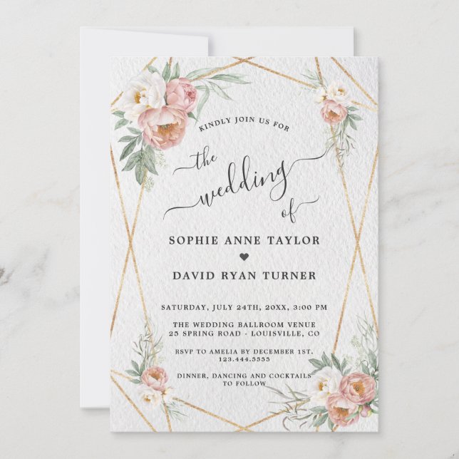 Dusty Rose White Floral Gold Calligraphy Wedding Invitation (Front)
