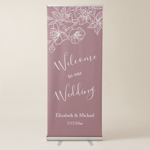 Dusty Rose White Floral Line Art  Wedding Welcome Retractable Banner