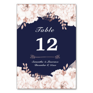Dusty Rose White Floral Navy Blue Wedding Table Number