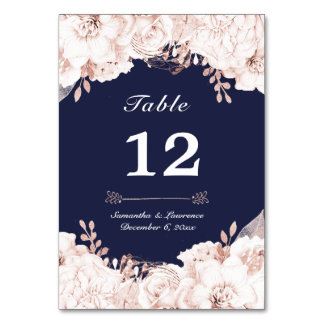 Dusty Rose White Floral Navy Blue Wedding Table Number