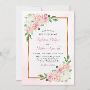 Dusty Rose White Floral Watercolor Gold Wedding Invitation