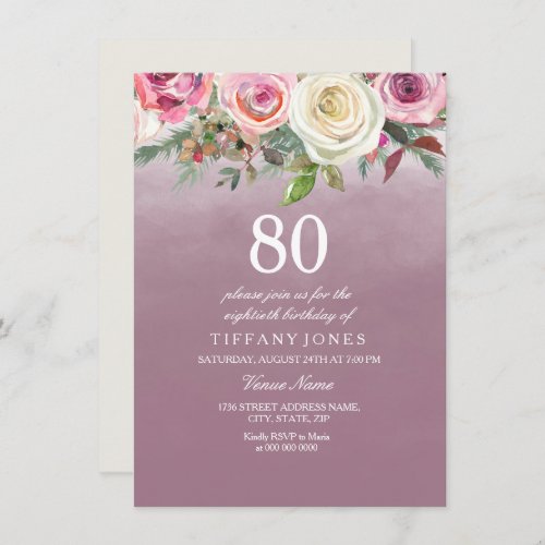 Dusty Rose White Floral Womans 80th Birthday Party Invitation