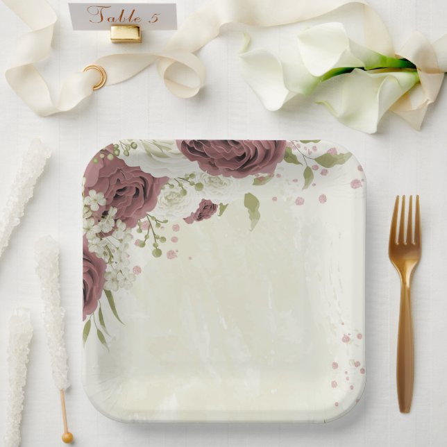 dusty rose white flowers  paper plates (Wedding)