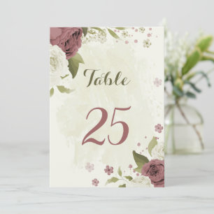 dusty rose white flowers table number card