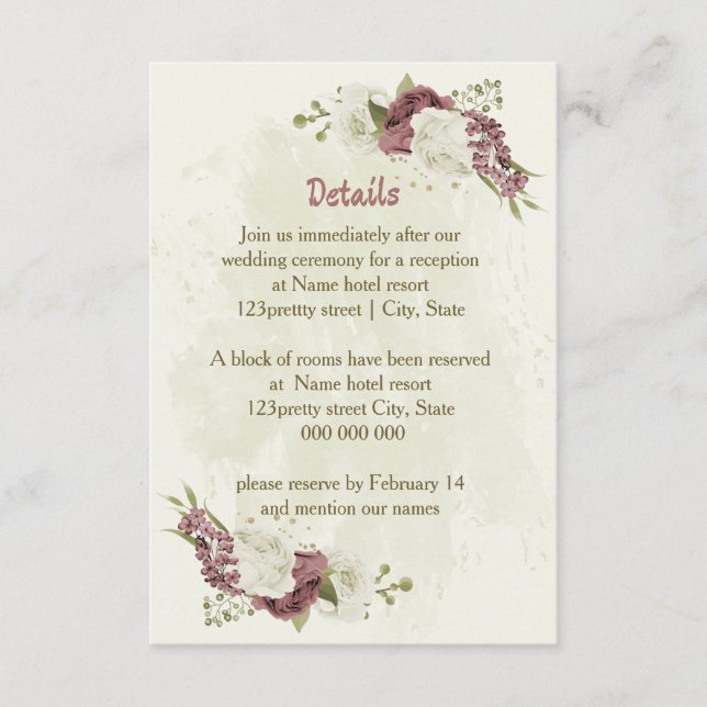 dusty rose white flowers wedding details enclosure card (Front)