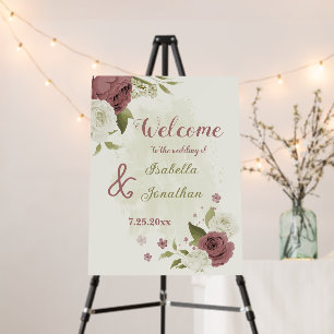 dusty rose white flowers wedding welcome sign