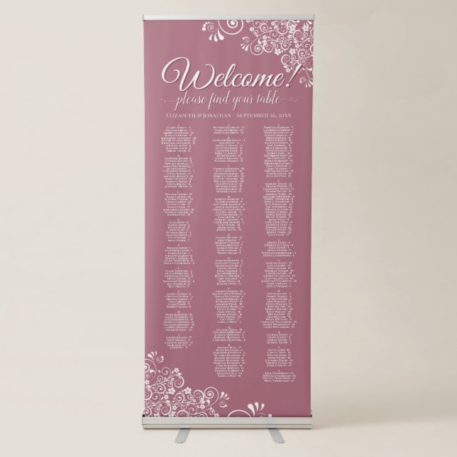 Dusty Rose & White Lace Alphabetical Seating Chart Retractable Banner (Front)