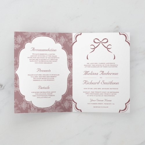 Dusty Rose White Lace Coquette Bow QR Code Wedding Invitation