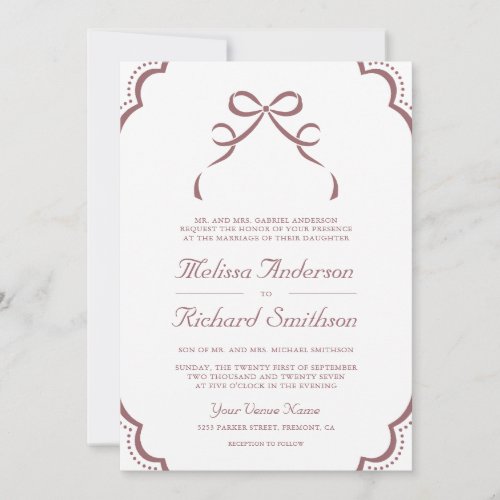 Dusty Rose White Lace Coquette Bow QR Code Wedding Invitation