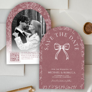 Dusty Rose White Line Art Bow Photo Wedding Save The Date