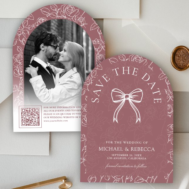 Dusty Rose White Line Art Bow Photo Wedding Save The Date (Creator Uploaded)