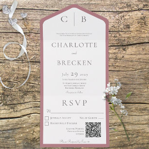 Dusty Rose & White Monogram Minimal QR Code All In One Invitation