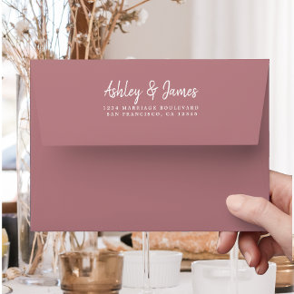 Dusty Rose White Script Wedding Return Address Envelope