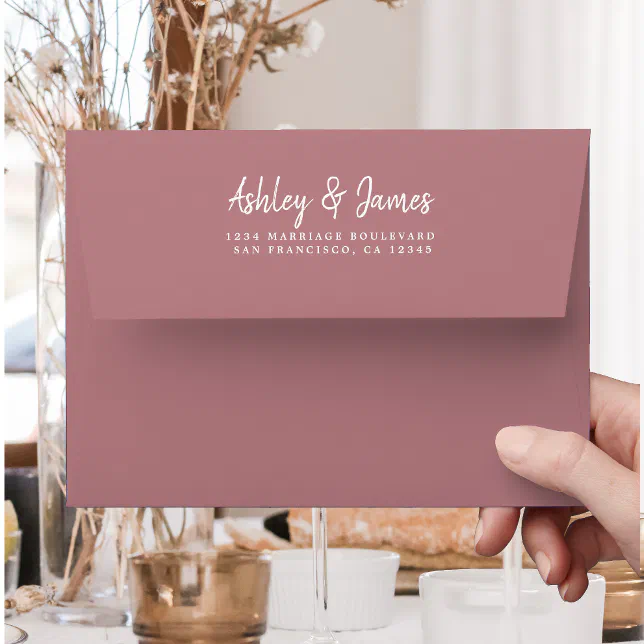 Dusty Rose White Script Wedding Return Address Envelope | Zazzle