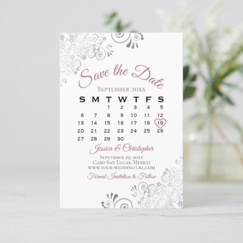 Dusty Rose  White Simple Elegant Wedding Calendar Save The Date