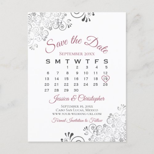 Dusty Rose  White Wedding Save the Date Calendar Announcement Postcard