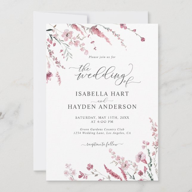 Dusty Rose Wild Floral All In One QR Code Wedding Invitation (Front)
