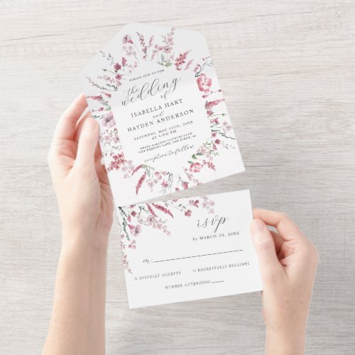 Dusty Rose Wild Flower Meadow Floral Wedding RSVP All In One Invitation