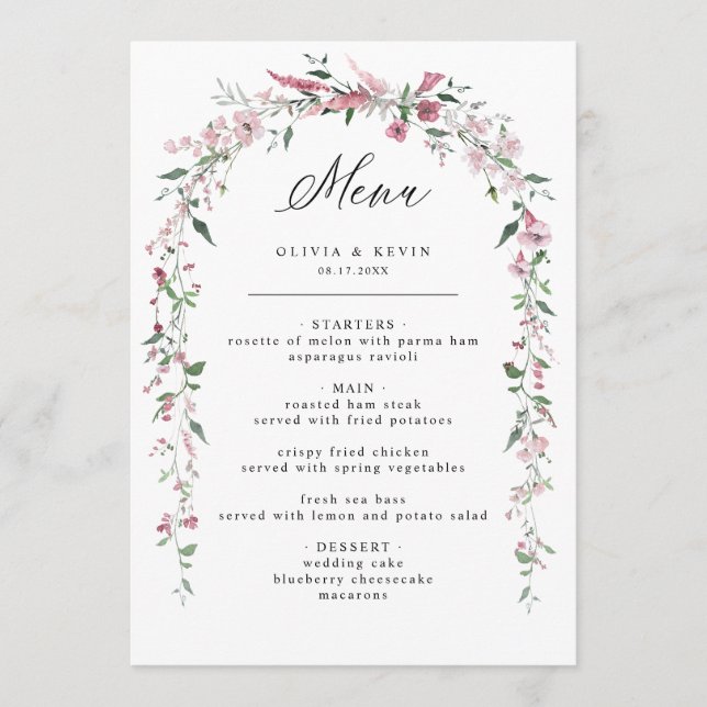 Dusty Rose Wild Flowers Blush Floral Wedding Menu (Front)