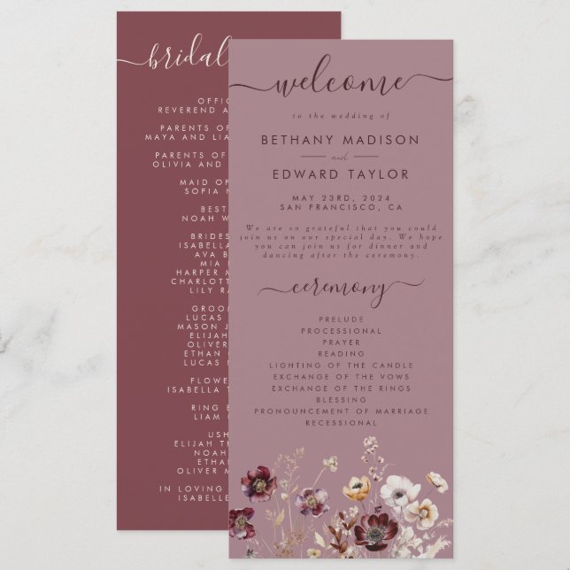 Dusty Rose Wildflower Wedding Program (Front/Back)