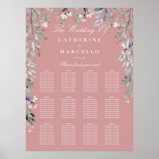 Dusty Rose Wildflowers Wedding Seating Plan Chart (Front)