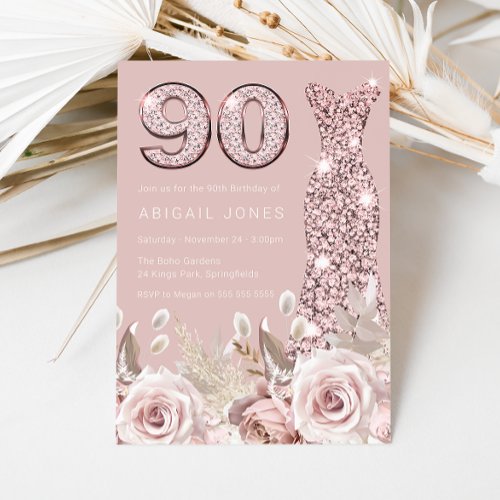 Dusty Roses Blush Gown Elegant 90th Birthday Invitation