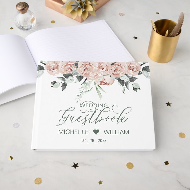 Dusty Roses Eucalyptus Elegant Script Wedding  Guest Book (Front Open)
