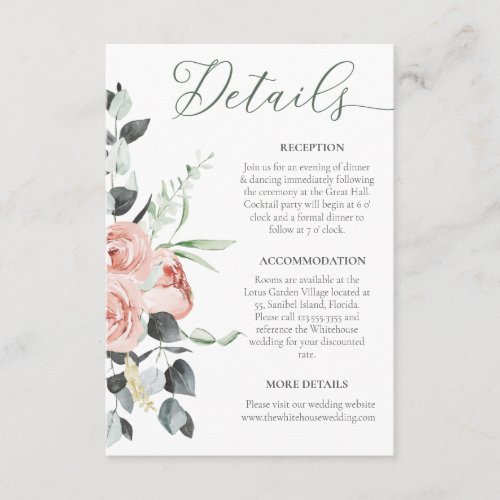 Dusty Roses Eucalyptus  Wedding Details  Enclosure Card