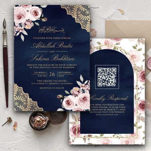 Dusty Roses Gold Lace QR Code Navy Muslim Wedding Invitation