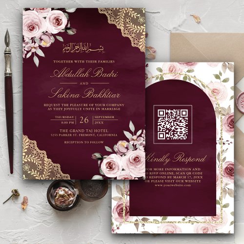 Dusty Roses Gold Lace QR Code Plum Muslim Wedding Invitation