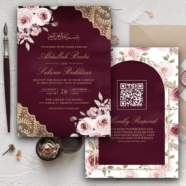 Dusty Roses Gold Lace QR Code Plum Muslim Wedding Invitation (Creator Uploaded)
