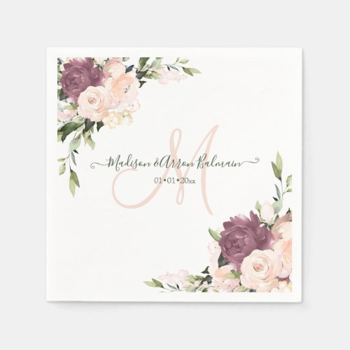 Dusty Roses Monogram Floral Watercolor Napkins