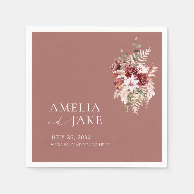 Dusty Rosewood Floral Wedding Napkins (Front)